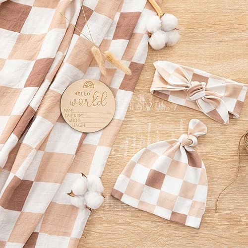 Image of BabyWhale Muslin Swaddle Blanket with Hat and Headband Bow, Checkered Pattern Swaddle Set for Baby Boys ＆ Girls, Unisex Newborn Soft Receiving Swaddle Wrap, 47x47 inches