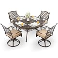 AIWOEN 5-Piece Cast Aluminum Patio Furniture, Patio Dining Set for 4 Include 54" Round Outdoor Dining Table and 4 Swivel Chairs with Cushions & Umbrella Hole (Bronze)
