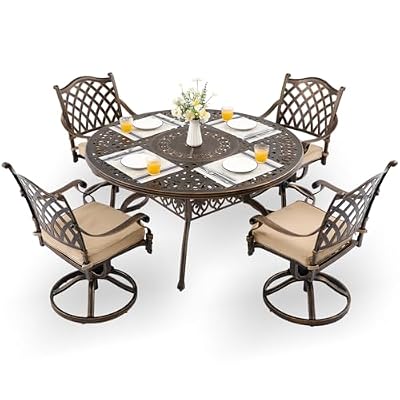 AIWOEN 5-Piece Cast Aluminum Patio Furniture, Patio Dining Set for 4 Include 54" Round Outdoor Dining Table and 4 Swivel Chairs with Cushions & Umbrella Hole (Bronze)