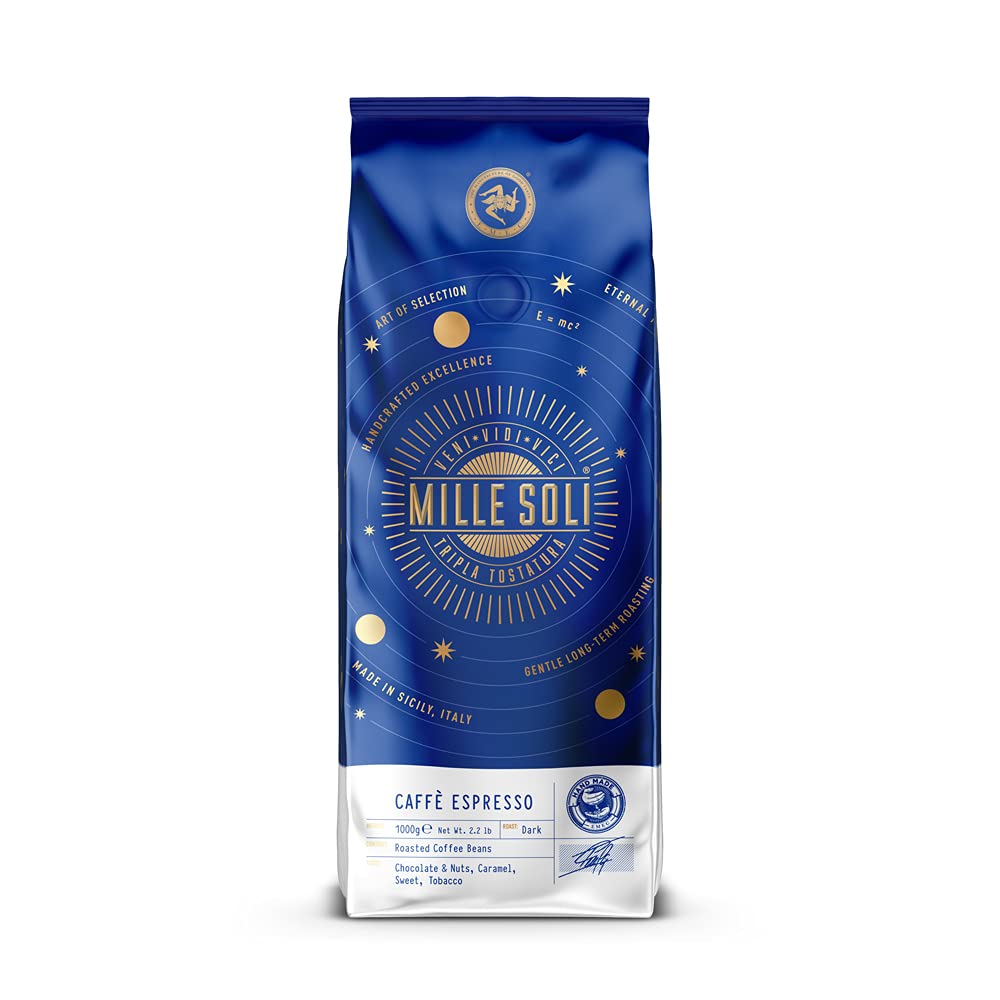 MilleSoli Caffè Espresso – ziarna espresso 1 kg – tradycyjne potrójne palenie ręczne – ziarna kawy premium z perfekcyjnym kremem i wyjątkowo niską kwasowością do w pełni automat i sitko