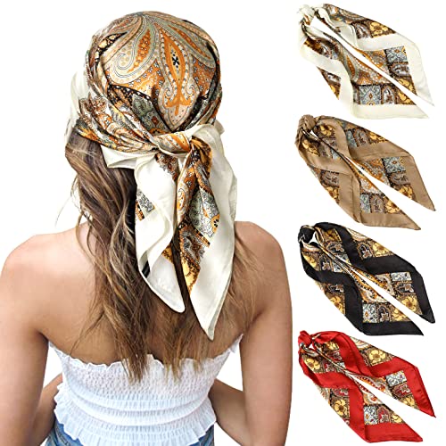 CHLINS 27 Inches Silk Feeling Square Head Scarf - 4 Pcs Satin Square Head Scarves for Women Hair Bandanas (Red+Black+Beige+Camel)