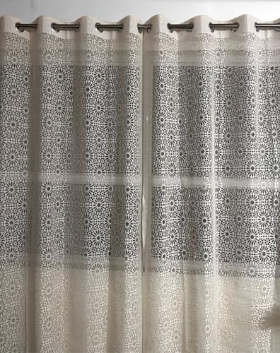 Image of Fabrilia Geometric Pattern Net Semi Sheer Grommet Curtains for Living Room /Bedroom, 5 feet Window, Cream, Set of 2