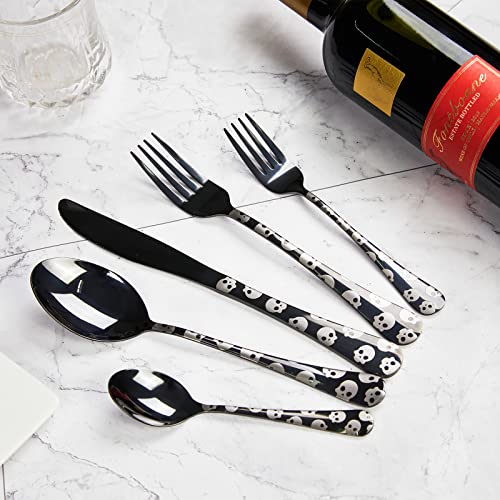 Cocorose Black Silverware Set,Tableware Cutlery Set Service For 4,Knives And Forks And Spoons Sets With Skull Pattern Handle,20-Piece Stainless Steel Flatware Set,Mirror Polished,Utensils For Kitchens #TOP4