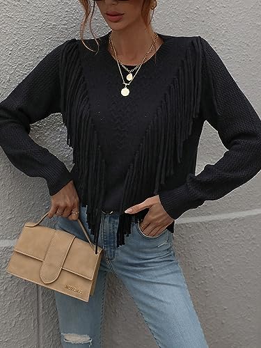 Image of Women's Casual Crewneck Fringe Tassels Crochet Long Sleeve Knitted Fall Sweater Pullover Tops