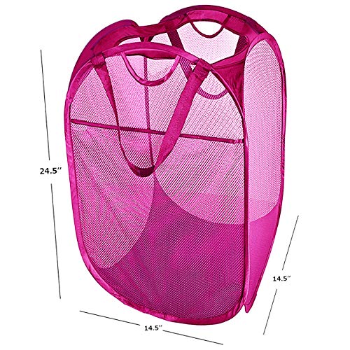 Strong Mesh Pop-Up Laundry Hamper, Quality Laundry Basket With Durable Handles Solid Bottom High Carbon Steel Frame, Easy To Open And Fold Flat For Storage (Pink) #TOP1