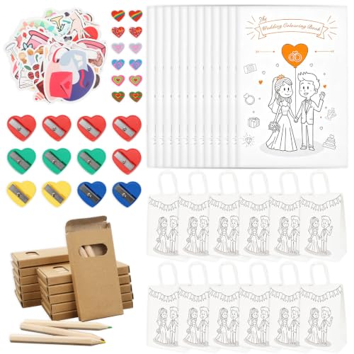 Feirdhoo Juego de 12 regalos para invitados de boda, libro de colorear de boda, lápices de colores, bolsas de regalo, gomas de borrar, sacapuntas, pegatinas ideales para regalos de boda, ideas de Feirdhoo Juego de 12 regalos para invitados de boda, libro de colorear de boda, lápices de colores, bolsas de regalo, gomas de borrar, sacapuntas, pegatinas ideales para regalos de boda, ideas de