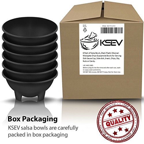 KSEV Salsa Bowls, Plastic Mexican Molcajete Chips Guacamole, Serving Dish, Sauce Cup, Side dish, Snack, Chips, Dip, Nuts or Candy. Great to use at any event. (Black - 6 Pack)