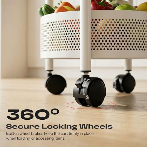 Image of Metal Multi-Purpose Trolley Kitchen Storage Organizer Rack Stand with 360 Wheels | 3 Layer Round Design | Kitchen Accessories Items for Fruit Vegetable Onion Rack for Kitchen (White)
