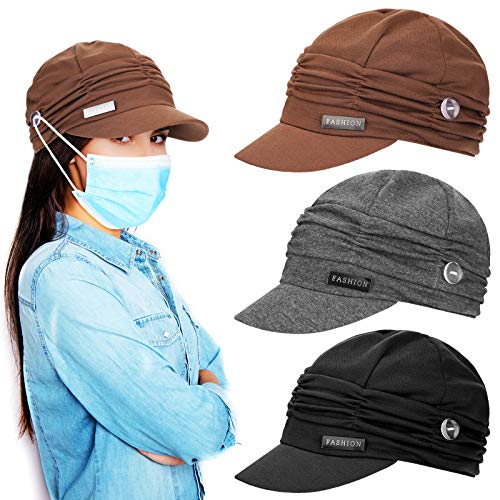 3 Pieces Newsboy Cabbie Cotton Cap Beret Hat Baseball Cap with Buttons Sun Brim for Woman Ladies (Black, Gray, Brown)