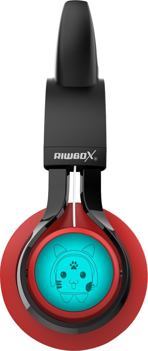 Riwbox CT-7 Cat Ear Bluetooth Headphones, LED Light Up Bluetooth Wireless Over Ear Headphones with Microphone and Volume Control for Travel/School/Smartphones/Laptop/PC/TV （Red&Black）