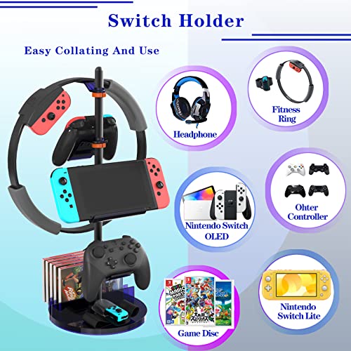 WEGASTU Headphone Stand & Dual Controller Holder for PS5 Xbox Controller Switch PC Headphone Height Adjustable & Stents Rotating Gamers Gaming Accessories Desk Aluminum Support&Thickened ABS (Blue)
