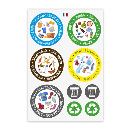 younikat Lot de 9 autocollants pour poubelles I Ø 9 cm et Ø 4 cm I Autocollants pour poubelles I en français I pour le tri des déchets I recyclage des...