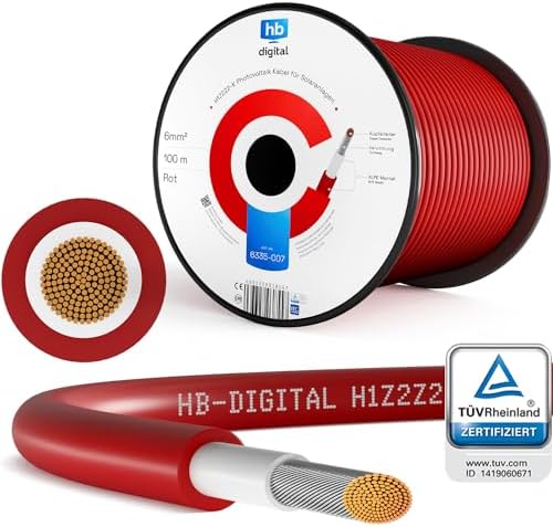 HB-DIGITAL Kabel solarny H1Z2Z2-K, certyfikat TÜV, 6 mm², odporny na działanie promieni UV, elastyczny kabel PV, czysta miedź, 1500 V, przedłużacz fotowoltaiczny do paneli słonecznych, falownika,