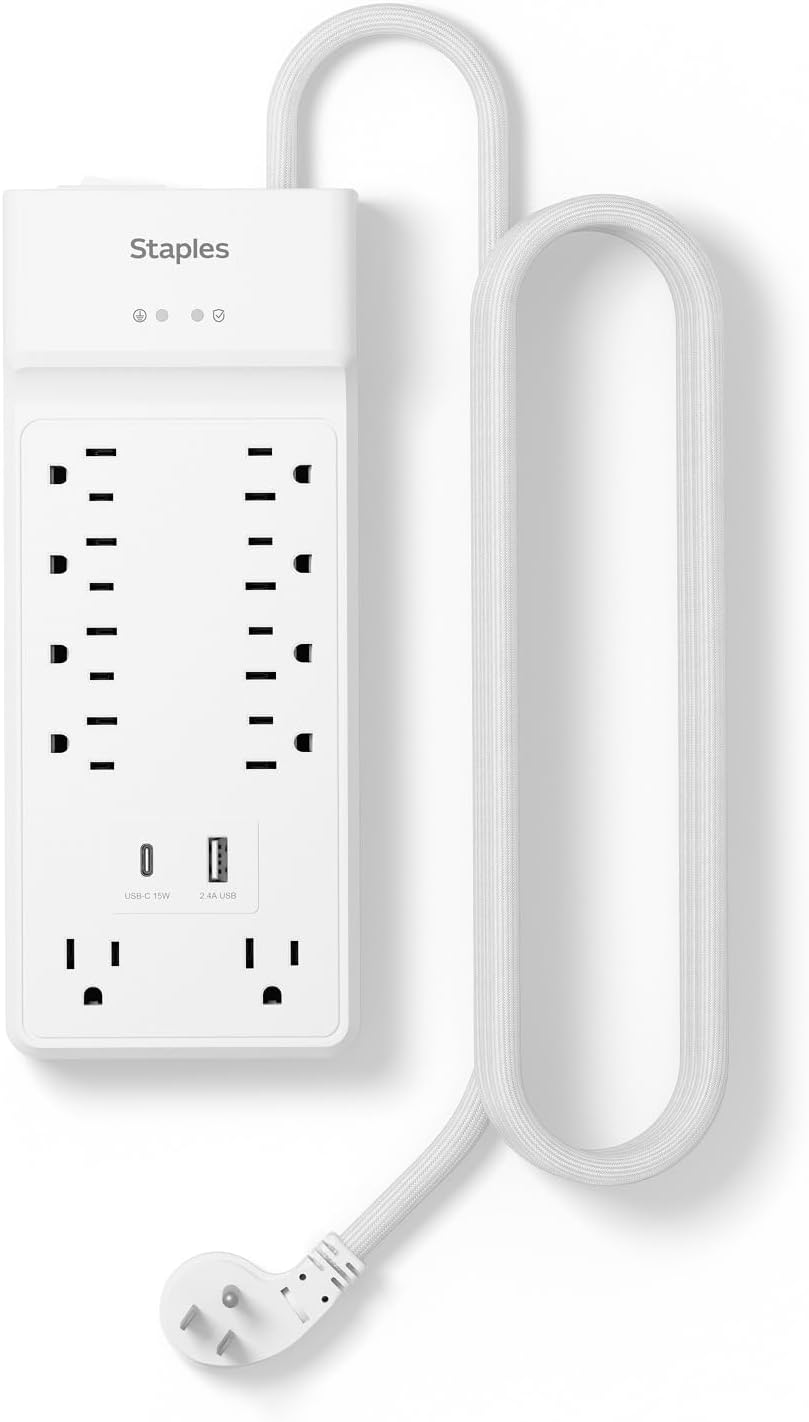 Staples TECH 10‑Outlet Surge Protector with 2 USB Charging Ports and 6 ft. Braided Cord with Flat Offset Plug – Ideal for Home & Office, 3000 Joules, White
