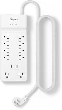Staples TECH 10-Outlet Surge Protector, 2 USB Ports, 6 Ft Cord, 3000J
