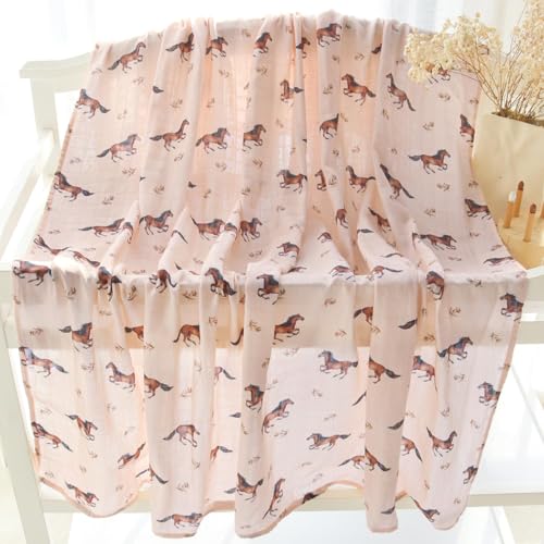 Image of LifeTree Baby Swaddle Blankets, Muslin Swaddle Blankets Boys Girls Swaddling Wrap Receiving Blanket for Newborn, 70% Viscose Bamboo and 30% Cotton, Large 47 inch x 47 inch, Horse Pattern