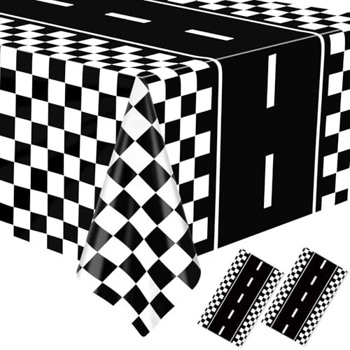Image of WNINK 2 Pack Race Car Table Cloth Black and White Gingham Tablecloths Disposable Plastic Buffalo Check Tablecloth Checkered Flag Covers for Birthday, Outdoor Picnic, Birthday, Camping 54 x 108 Inch