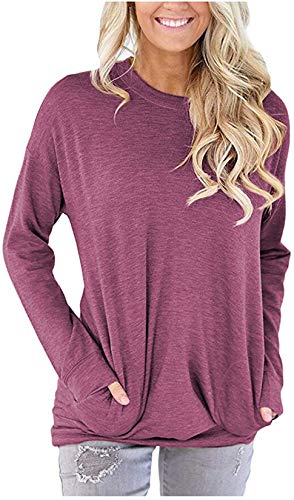 Womens Cotton T-Shirts Long Sleeve Lounge Tops Soft Pullover Sweatshirts Casual Tunic Shirts (Medium, Wine Red)