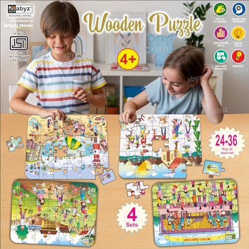 Image of ABYZ Wooden Jigsaw Music Concert, Ice Skating, Gardening, Beach Puzzles 120pcs for Kids of Age 3-5 Years, Set of 4