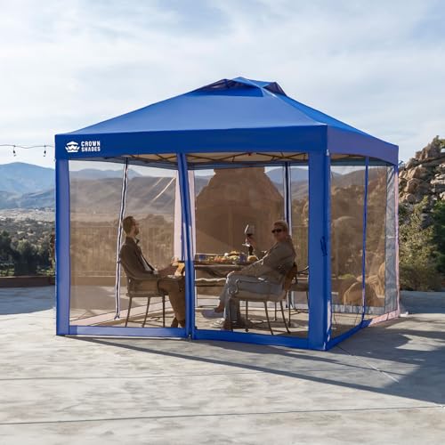 CROWN SHADES Gazebo 10x10 Pop Up Canopy with Mosquito Netting, Screen Tent with 4 Ropes, 8 Stakes, 4 Sandbags and Wheeled Storage Bag, Canopy for Patio & Backyard, Blue