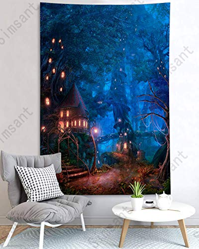 Simsant Fantasy Forest Background Tapestry 40"X60" Inches(101X152Cm) Fairytale Forest Theme Tapestry Psychedelic Wooden Cabin Wall Hanging For Home Decorations Bedroom Dorm Sils1012 #TOP3