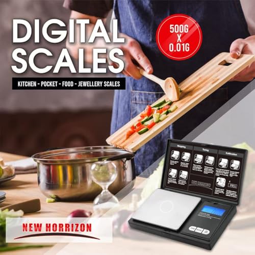 Image of New Horrizon Digital Scales, Kitchen Scales Digital, Pocket Scales, 0.01g x 500g, Food Scale LCD Display, Jewellery Scales Weighing Scales Kitchen (0.01g x 500g)