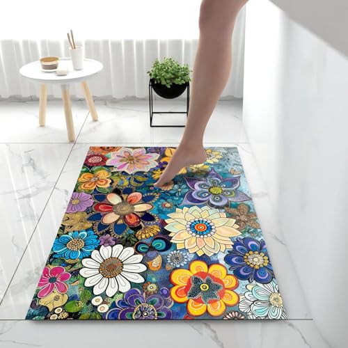 Tapis Entrée de Porte Fleurs Printemps Résistant et Absorbant 60x90cm