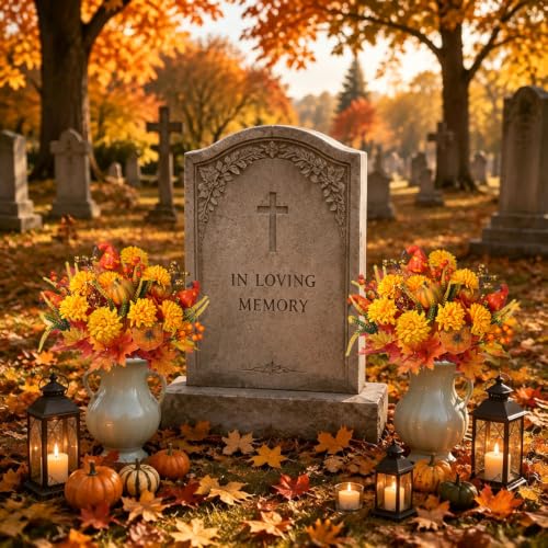 Image of 3 Bundles Fall Artificial Flowers with Pumpkin Mums Fall Cemetery Flowers