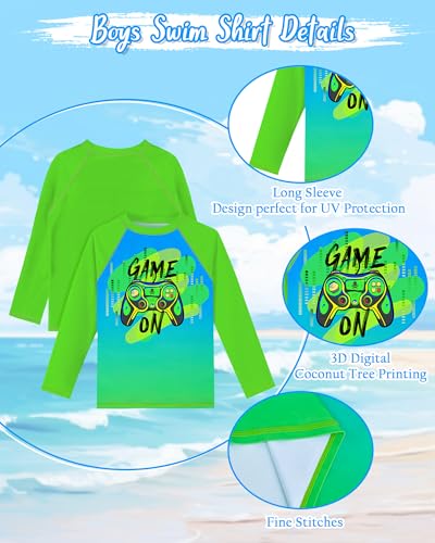Image of Boys Rash Guard Swim Set with Swim Trunks Bathing Suit Long Sleeve Swim Shirt Quick Dry Swimsuit Kids Swimwear Size 7-16