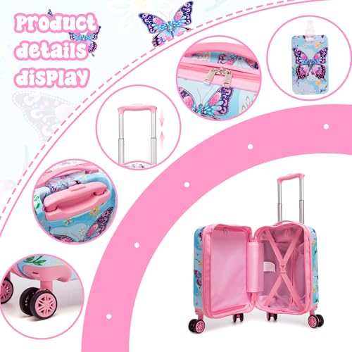 Image of Kids Luggage Sets 2 Piece Rolling Suitcases with Wheels for Girls Hardshell Toddler Suitcase Set with Neck Pillow Airplane 16 Inch Kids' Carry on Luggage Blue Butterfly