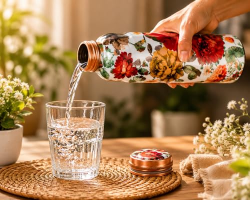 Image of Pure Copper Water Bottle - Handcrafted - Ayurveda health benefits - Large 1000 ml - Leak proof - Easy to carry for Sports, Fitness, Yoga, School - White Base Floral Vintage Colors Enamel