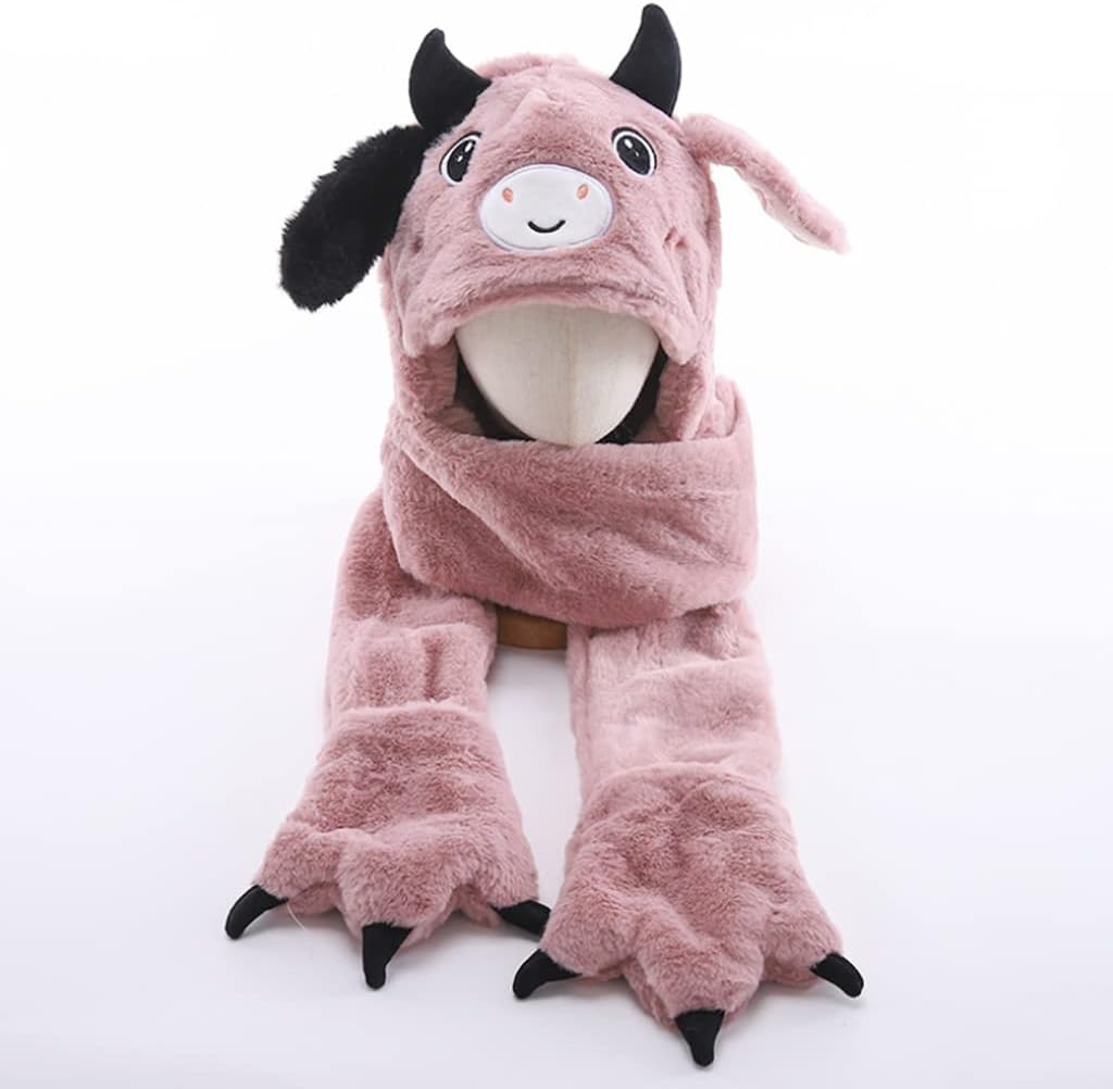Scarf,Cow Plush Hat Scarf Gloves Mitten Ear for Beanie Hat in Cold Weather Coldproof for Winter Daily Wear Go to Scarf(Khaki)