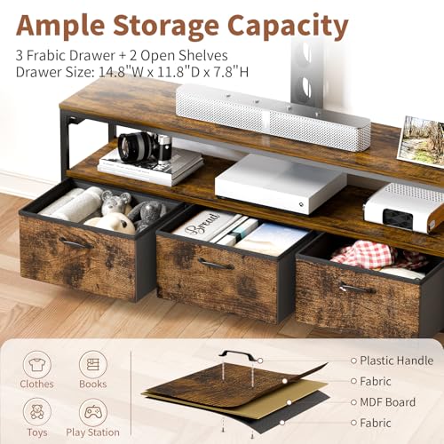 Image of JUSTOGO TV Stand with Mount and Power Outlet, TV Stand with Drawers Storage for Living Room Bedroom, LED Entertainment Center for 45 55 60 65 inch, Height Adjustable Media Console, Rustic Brown