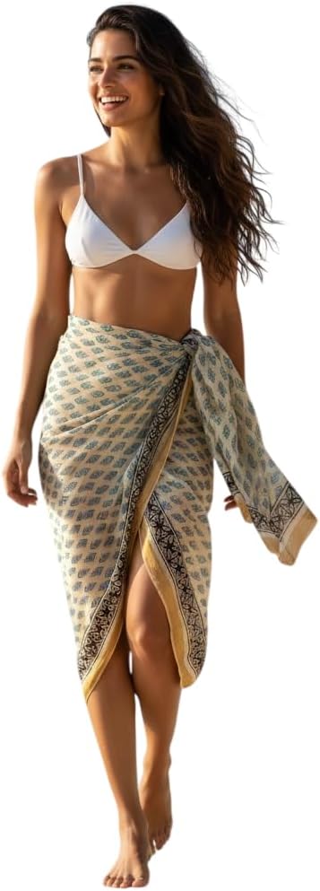 Handmade Printed 100% Cotton Boho Beachwear Wrap, Swim Cover Up, and Scarf 100% Cotton Sarong Handblock Printed Sarong Women’s