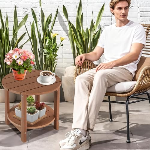 LZRS Round Adirondack Side Table Double End Table, Outdoor Side Tables for Patio, Backyard,Pool, Indoor Companion, Easy Maintenance & Weather Resistant(Brown) by LZRS - Used condition - Image 4