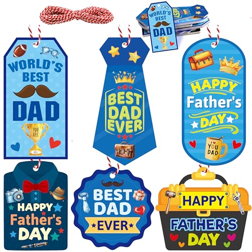 Fancy Land Father's Day Tags 60Pcs Happy Fathers Day Paper Gift Tag Best Dad Hanging Label with String for Birthday DIY Gift Wrapping Supplies