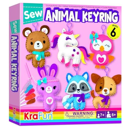KraFun Nyckelring för sömnad för barn ålder 7 8 9 10 11 12 nybörjare konst & hantverk, inkluderar 6 fyllda djurdockor, instruktioner och plyschfiltmaterial för att lära sig att sy i, broderifärdigheter