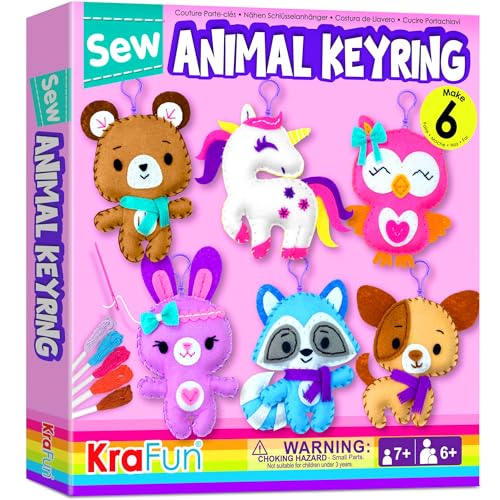 KRAFUN Unicorn Sewing Keyring Kit for Kids Age 7 8 9 10 11 12 Learn Art & Craft, Includes 6 Stuffed Animal Bear, Dog, Rabbit, Raccoon, Owl Dolls, Instruction & Felt Materials