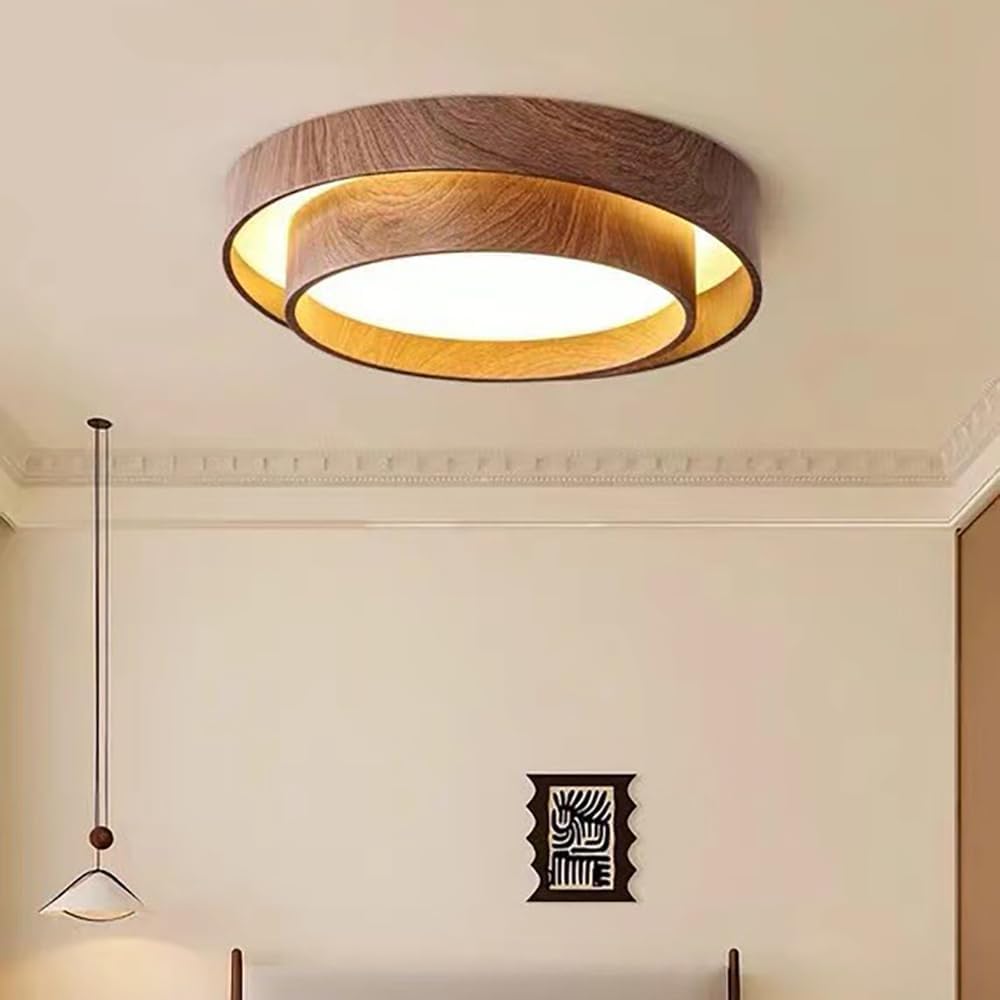 Modern Wood Grain Dimmable LED Close to Ceiling Light Minimalist Round Flush Mount Ceiling Lamp Fixture with Lampshade Indoor Lighting for Bedroom Living Room Bathroom Laundry Room Entrance