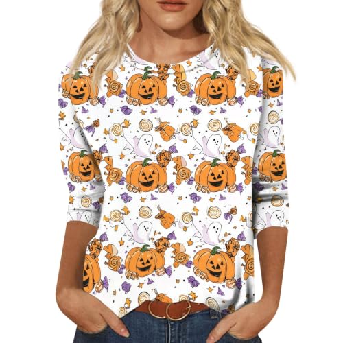 Image of Women Spooky Halloween Graphic Shirt 3 /4 Length Sleeve Crewneck Top | Halloween Funny Printed Pumpkin Plus Size Tshirts 2026 Fall Outfits Skeleton Tee Going Out Tops