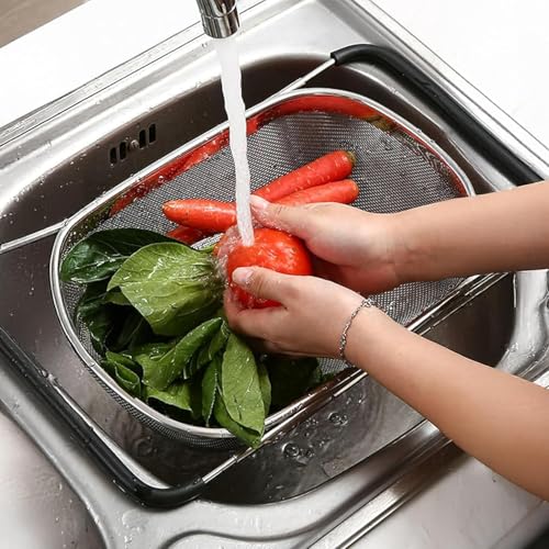 Image of Strainer Sink Basket Stainless Steel Oval Colander Rubber Grip Handle, Fine Mesh Baskets Kitchen Over The Sink Colander for Strain, Drain, Rinse Vegetables, Fruits (1 Pc, Silver)
