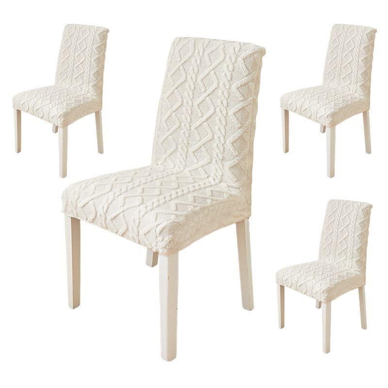 Image of HOMETHREADS Elastic Jacquard Chair Cover-Stretch Fit, Removable & Washable Short Dining Chair Seat Protector - 400gsm Soft & Wrinkle-Resistant Slipcover for Home, Kitchen, Banquet (Cream, Pack of 2)