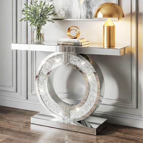 MONNIYU 43 inch Crushed Diamond Console Table, Silver Mirror