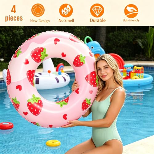 4 Pcs Inflatable Pool Floats for Teens,31.5 inch Strawberry Swimming Rings Swim Tube Pool Rings Floaties for Adults Hawaiian Beach Party Decorations (Pink Strawberry) by Houdezhu - Used condition - Image 4