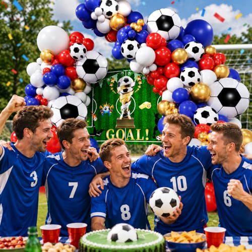Image of Soccer Party Decorations 161Pcs, Soccer Balloon Garland Arch Kit with Backdrop Banner 18'' Football Foil Balloons, Blue Red Gold White Balloons for Boys Sports Fan Birthday Soccer Party Decor