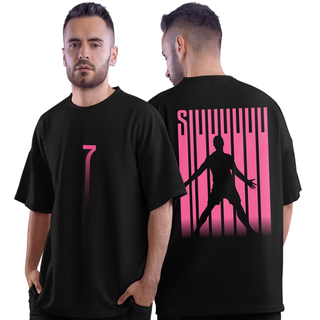 dudeme Cristiano Ronaldo Iconic Celebration Football Oversized T-Shirt | Half Sleeve Round Neck 100% Cotton Black Graphic Printed T-Shirt-picture-22