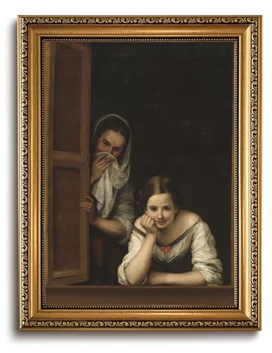 LHHJDIO Vintage Gold Framed Wall Art Vintage Woman Portrait Canvas Wall Art Classic European Scene Pictures Wall Decor Antique Two Women at Window Art Prints for Living Room Study Gallery 12"x16"