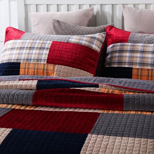 Secgo Velvet Queen Comforter Set for Bed - 100% Cotton Quilts Queen Size, Red, Black Bedspreads (90 * 98 Inch) with 2 Pillow Shams, Patchwork Reversible Lightweight Bedding