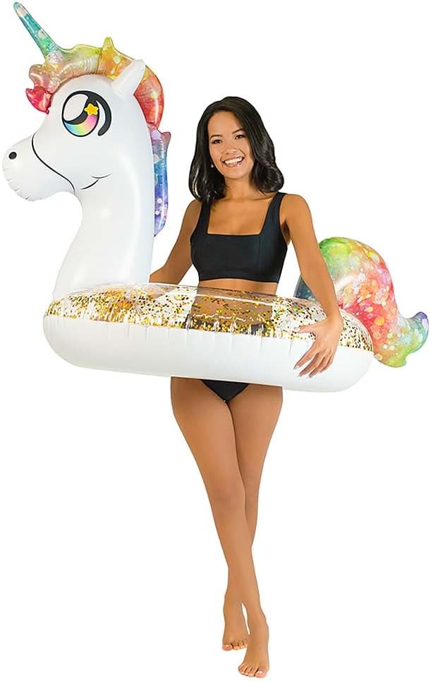 PoolCandy Inflatable 42" inch Animal Pool Tubes and Swim Rings (Rainbow Unicorn with Glitter Inflatable 42" inch Pool Tube)