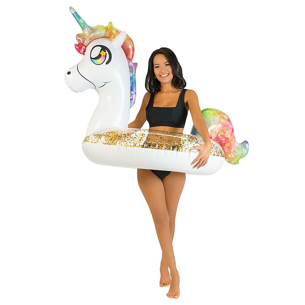 PoolCandy Inflatable Glitter Rainbow Unicorn Pool Tube Float 42 Inch